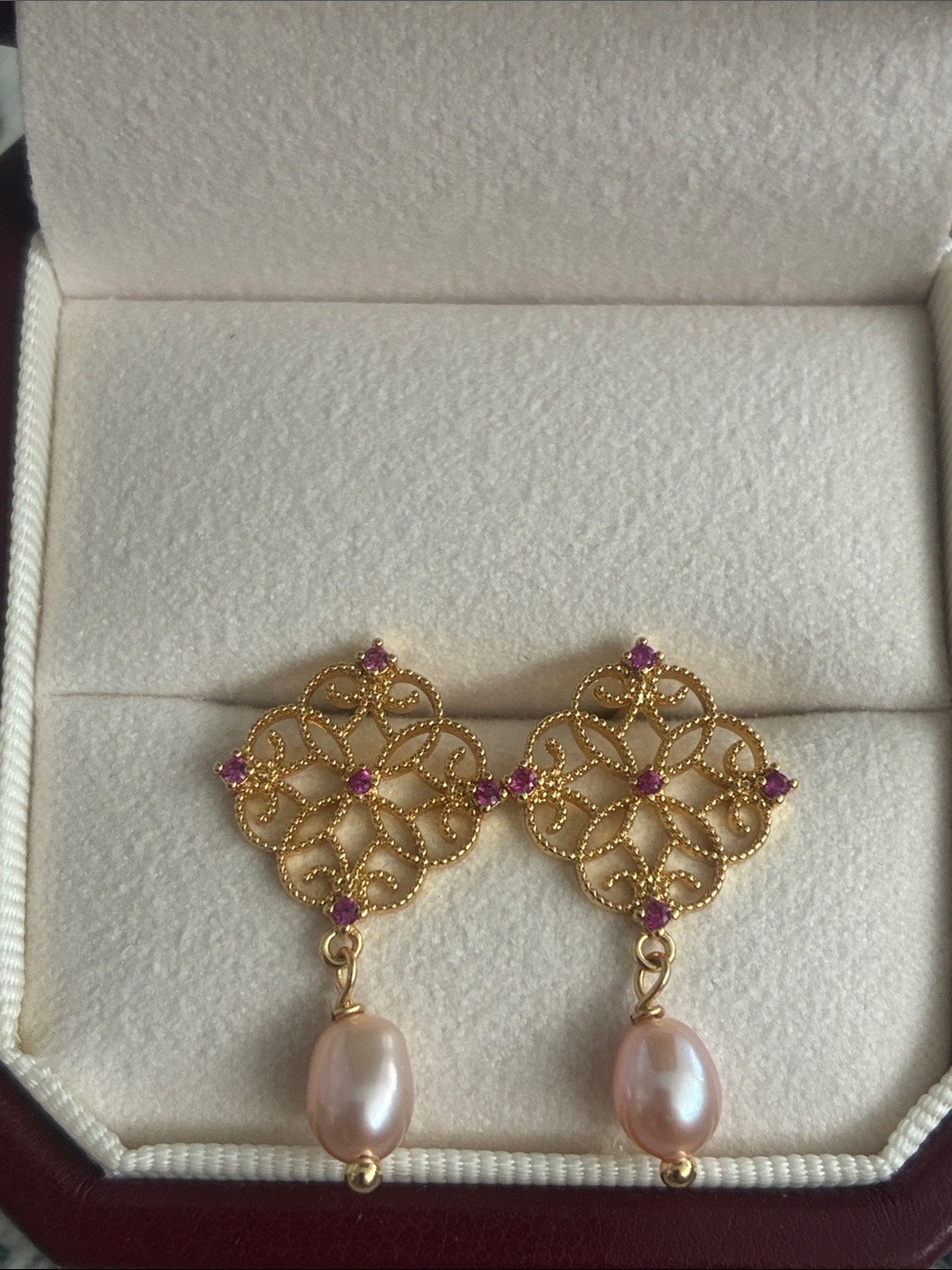 Gold Filigree Pink Pearl Drop Earrings